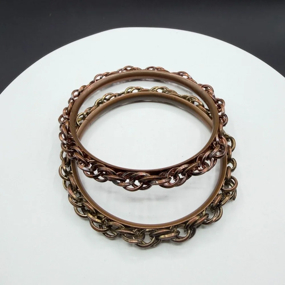 Pair Copper & Brass Tone Chain Link Bangle Bracelet Boho Stack Statement Jewelry